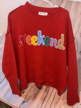 heyday Red 'Weekend' Chenille Lettering Crewneck Sweater